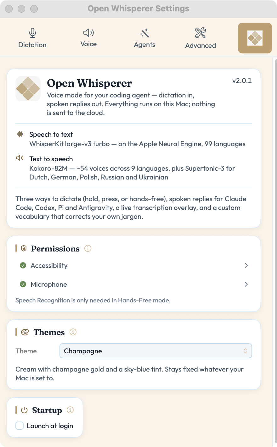 Open Whisperer settings, General tab: version, the speech engines in use, permissions and launch at login